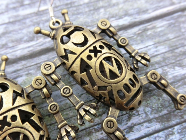 Roboter Ohrringe Vintage bronzefarben Alien